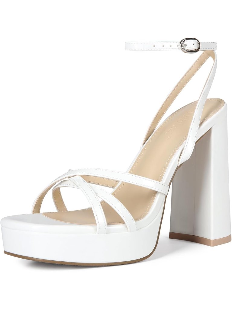 Women's White Open Toe Ankle Strappy Block Chunky High Heels Shoes For Wedding